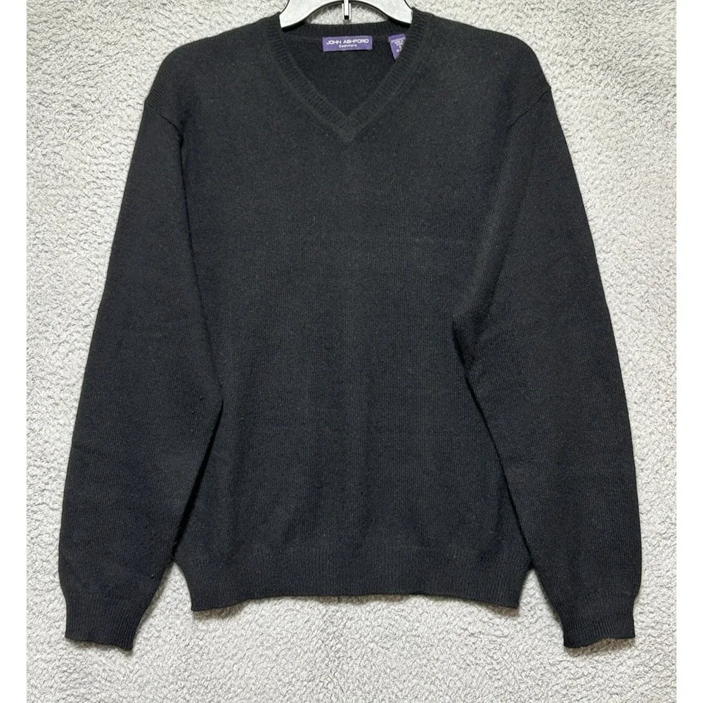 John Ashford‎ Mens Black Cashmere V-Neck Sweater Size Small Pullover